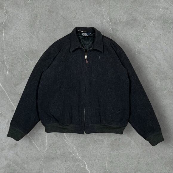 Vintage Polo Ralph Lauren XL Full Zip Grey Wool Bomber Jacket Pony - Picture 1 of 10